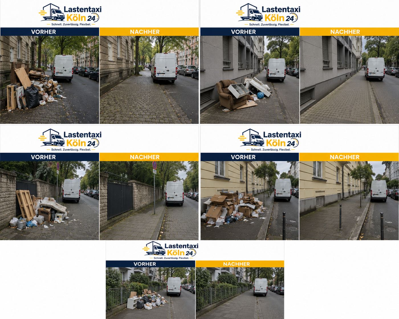 Entrümpelung Köln Vorher Nachher — Gehweg vorher mit Sperrmüll, nachher komplett geräumt